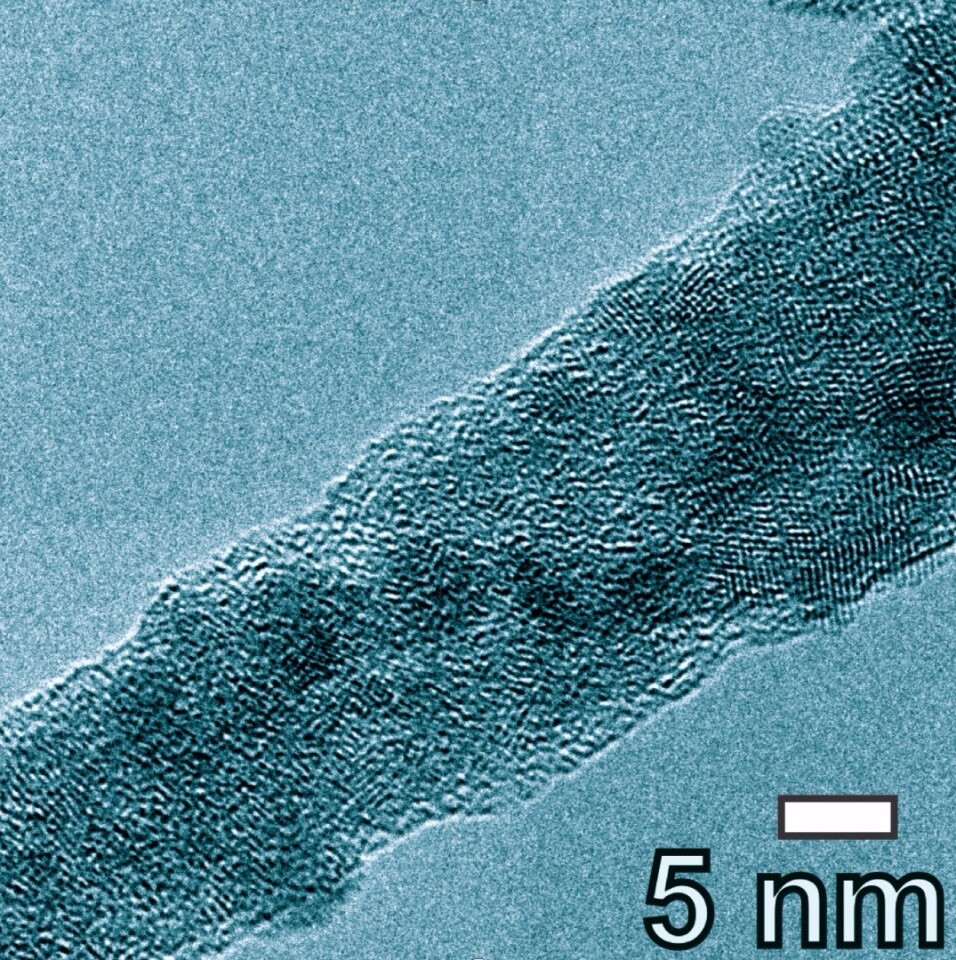 Close-up of a carbon nanotube that is evenly coated with lithium