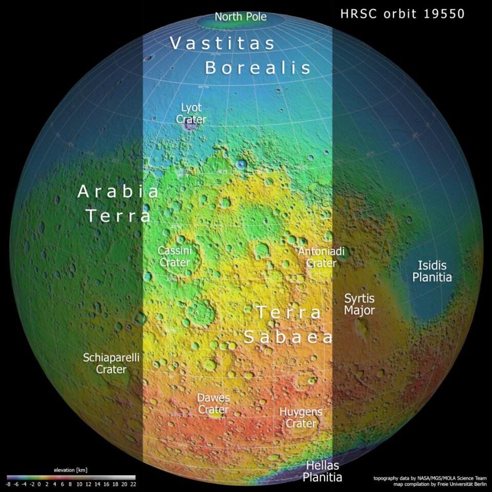 A color-coded topographical map of Mars highlighting the region covered in the new mosaic