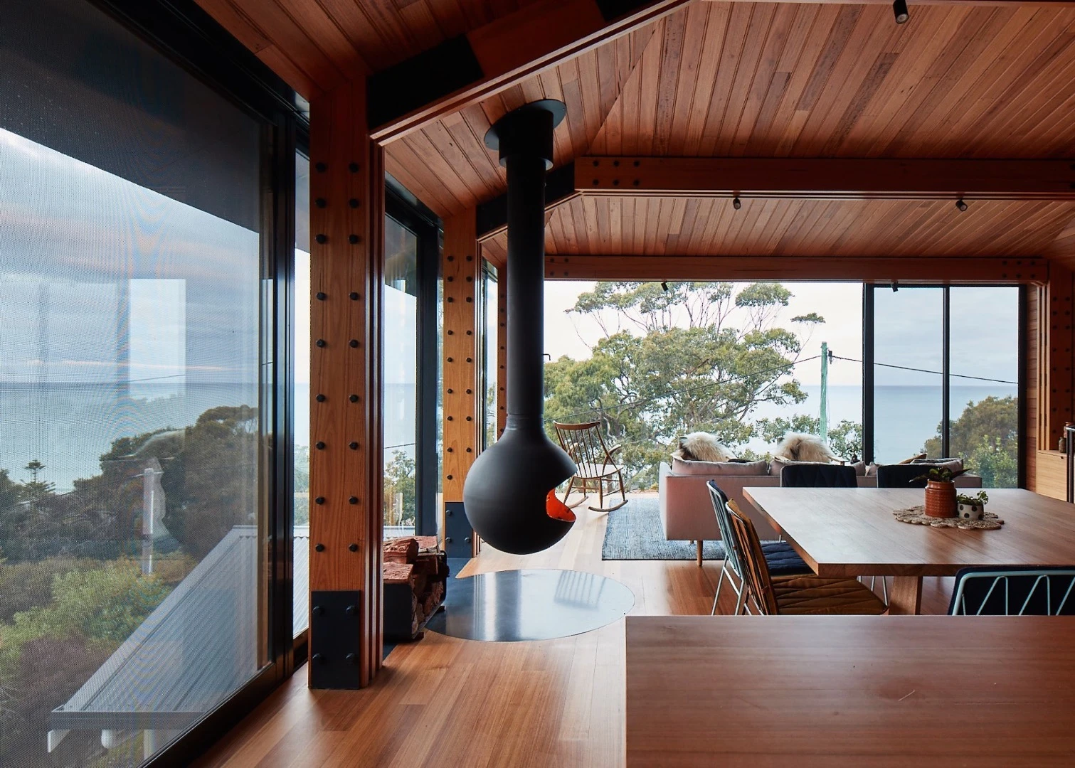 A wood-burning stove provides heat in Dorman House's extension