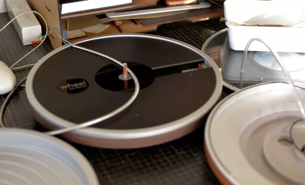 A Wheel prototype, showing the gap in the mat that's home to the system's tonearm