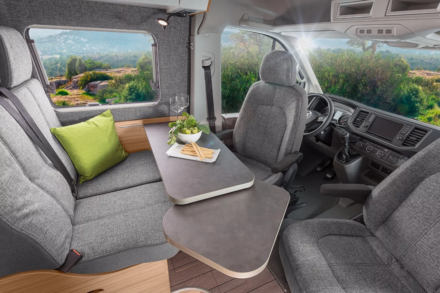 The floating dining table offers plenty of space