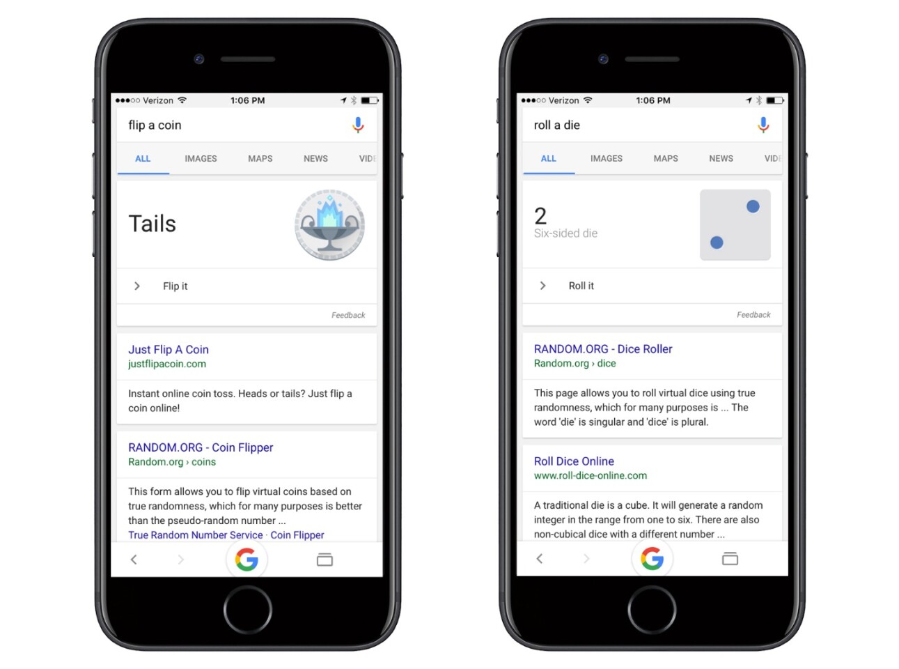 Google will flip a virtual coin or roll a digital die