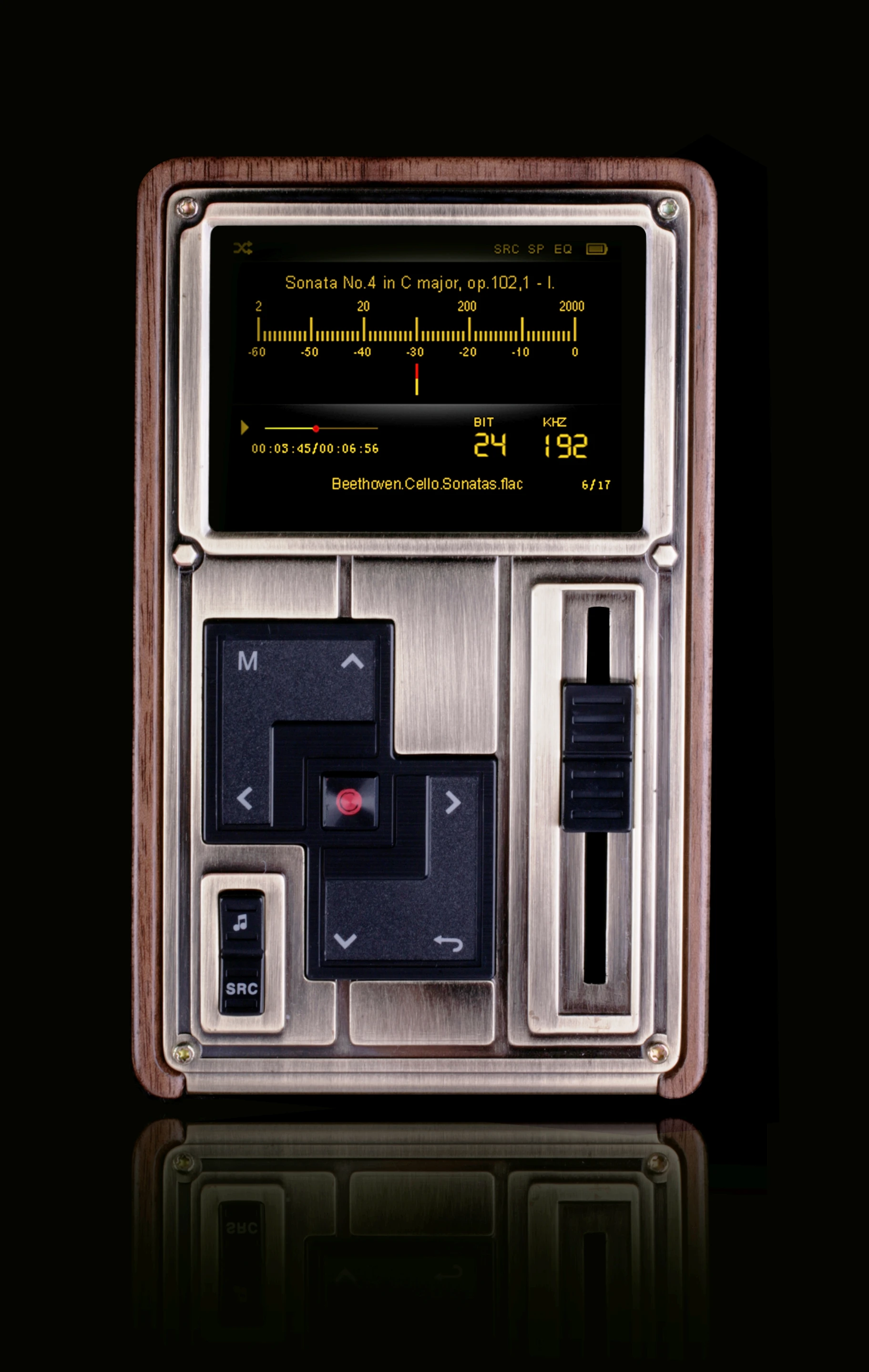 An OLED display is joined by deliciously old-school physical buttons and sliding volume pots on the front of the player