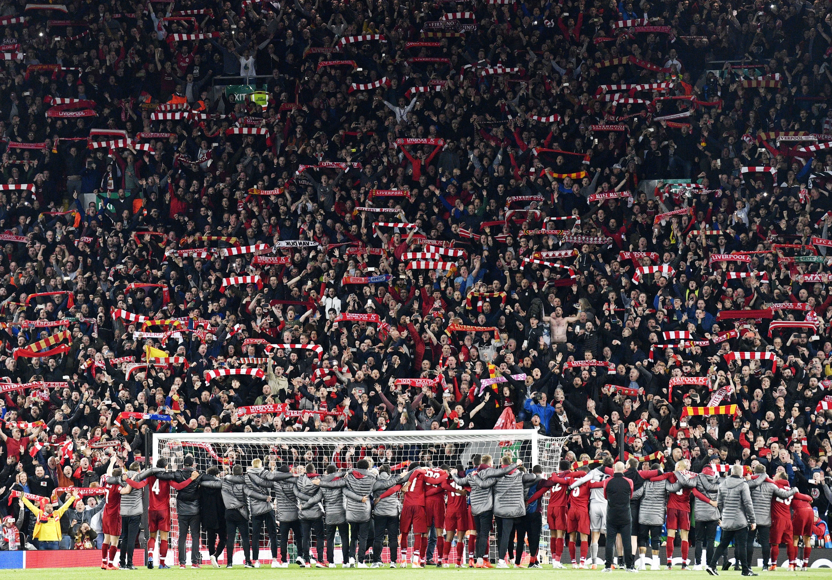 Silver Prize, Celebration. Liverpool players celebrate in front of their fans after the UEFA Champions League semi final 2nd leg match between Liverpool FC and FC Barcelona at Anfield, Liverpool, Britain, 07 May 2019