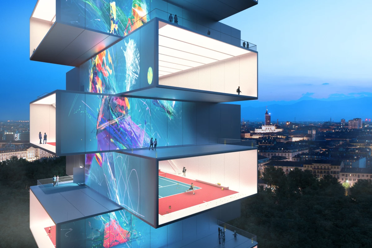 Playscraper would rise to a height of 90 m (300 ft) and consist of eight stacked tennis courts