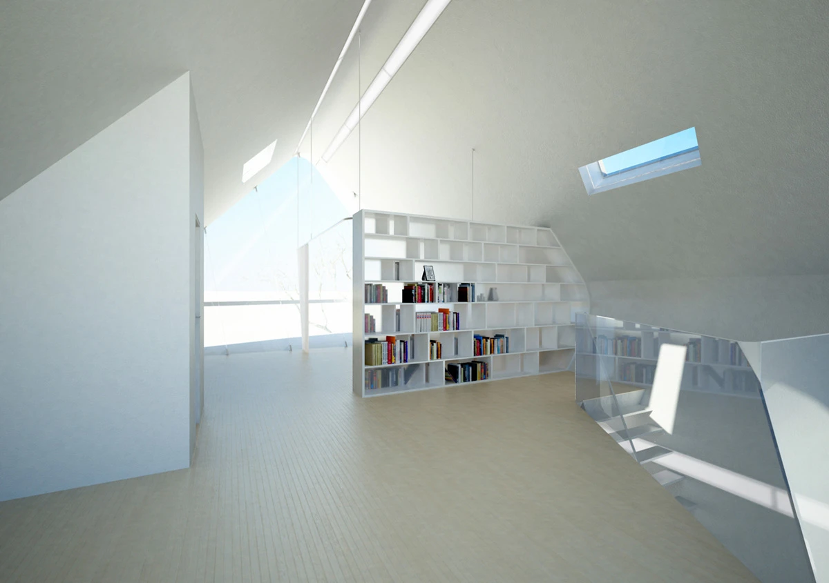 The interior design is left quite minimal, with open clean spaces and living spaces only separated by bookshelves or curtain dividers (image from Violent Volumes)