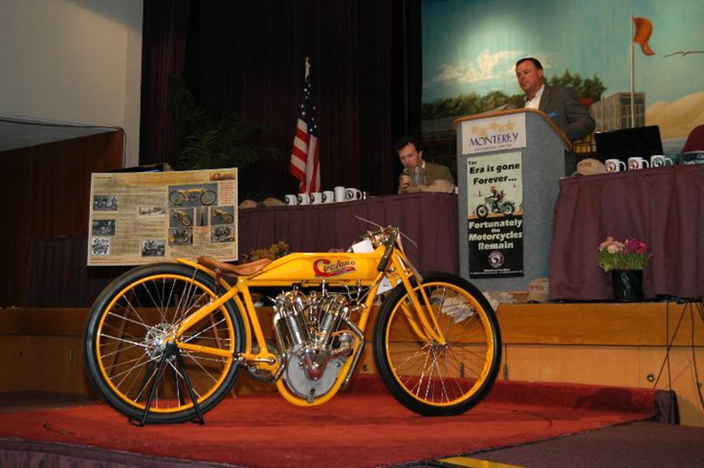 This near identical 1915 Cyclone Board Track Racer set a world record or a motorcycle at auction when it sold for US$551,200 at a Mid-America auction in July, 2008