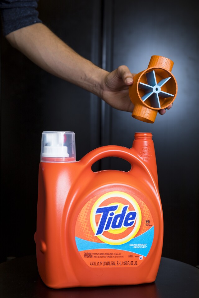 A 3D-printed flow meter could wirelessly connect to an online store and order a refill when detergent is running low