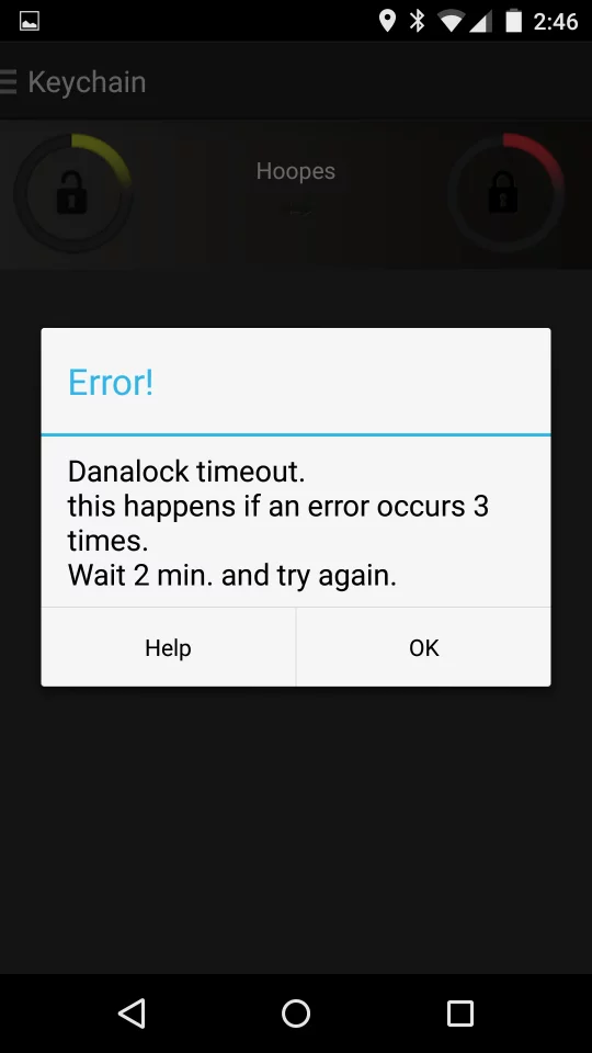 One of the recurring Danalock error messages I got where sometimes waiting two minutes was successful, sometimes not