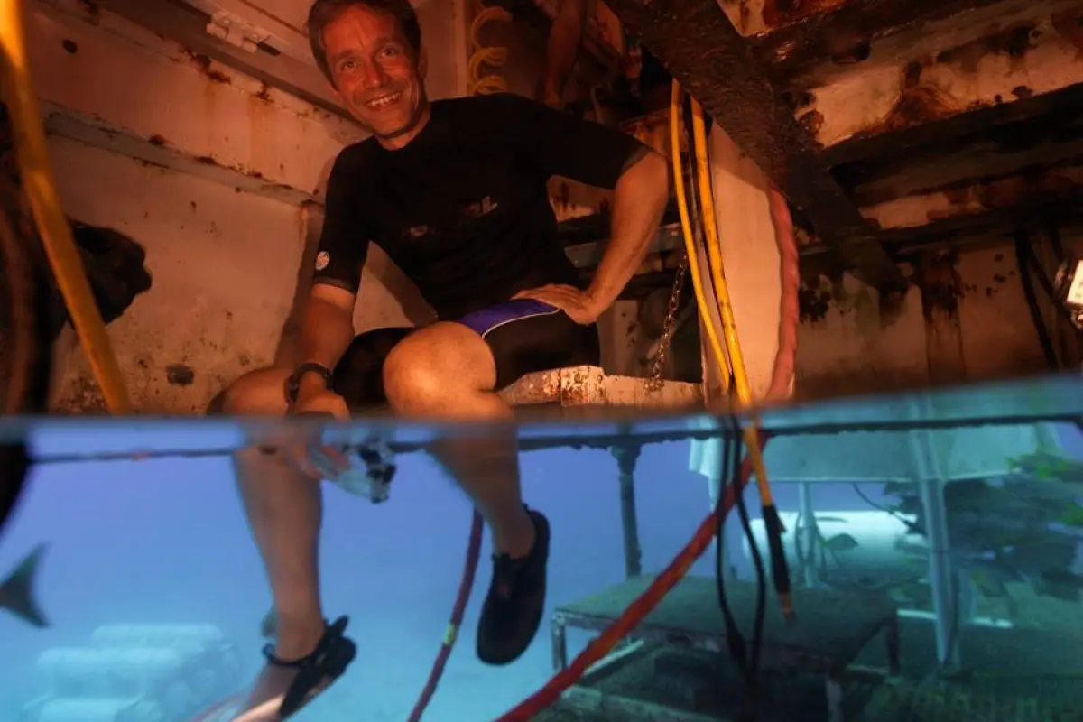 Fabien Cousteau in the porch of the Aquarius Reef Base (Image: Mission 31)