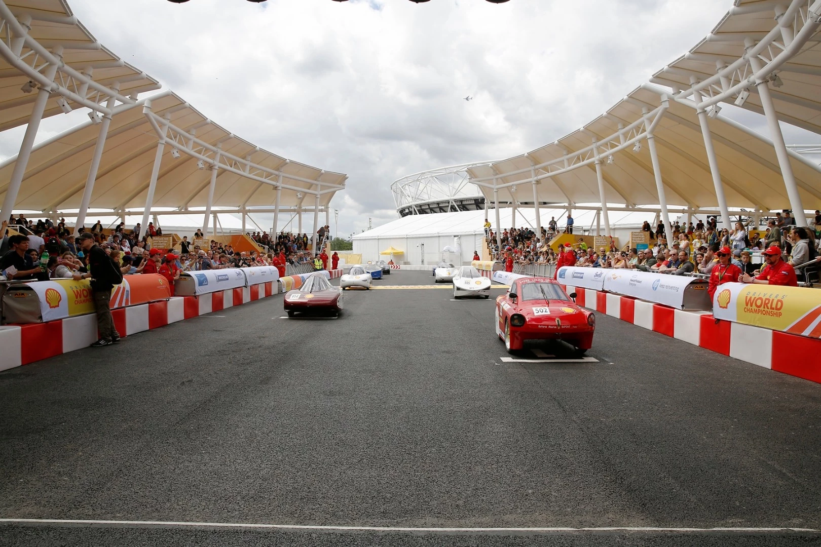 Vehicles line up on the track during day five of Make the Future London 2016