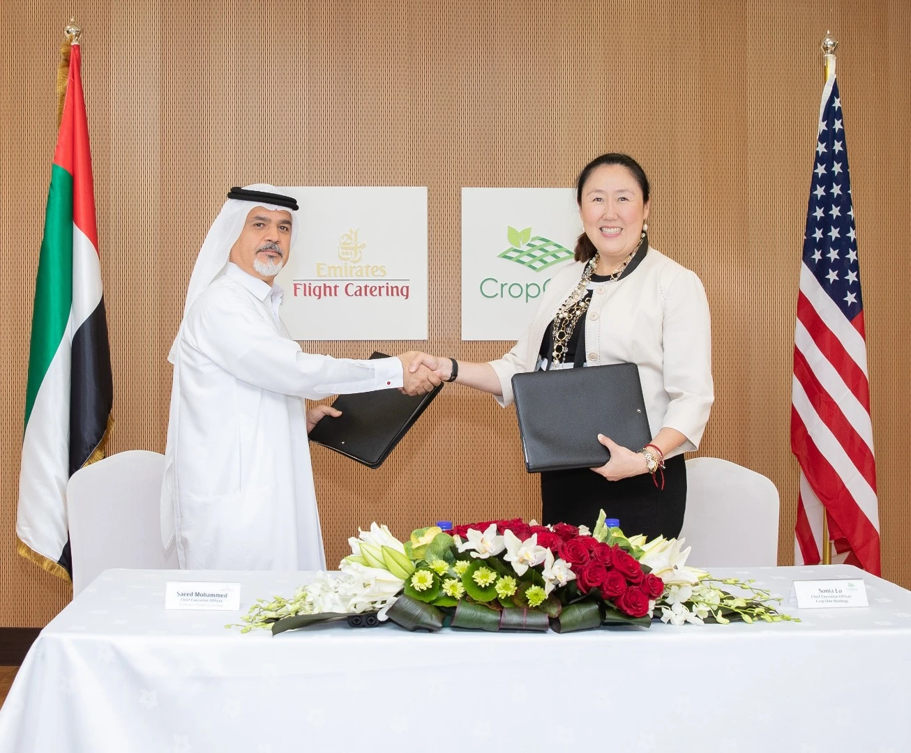 Saeed Mohammed, CEO of Emirates Flight Catering, and Sonia Lo, CEO of Crop One Holdings