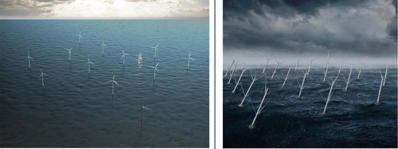 Horizontal-axis turbines need to be spaced far apart, due to the vastly reduced wind power in the wake left behind them. WWW's vertical-axis turbines can be placed much closer together