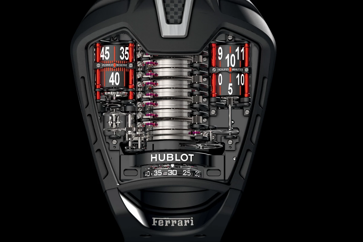 The MP-05 LaFerrari watch features a sapphire crystal face designed to resemble the outline of the Ferrari supercar