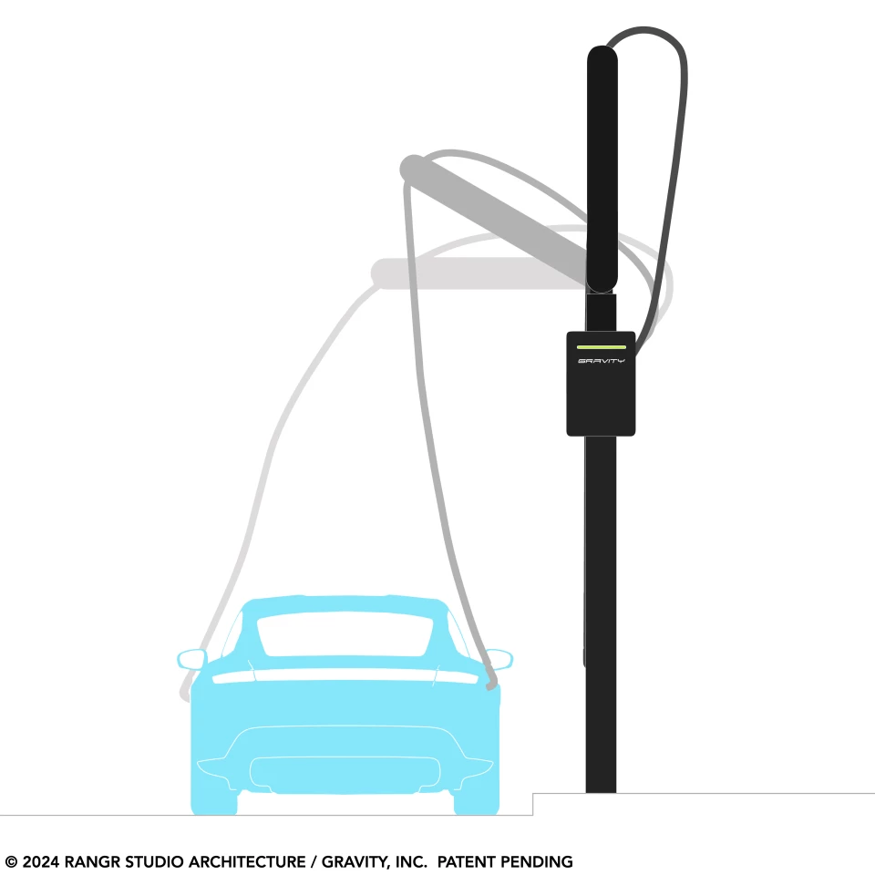 The charging cable is held above street level by a hinged swingarm, with the EV driver pulling it down to plug in and releasing it at the end of the fast-charge session for automatic retraction
