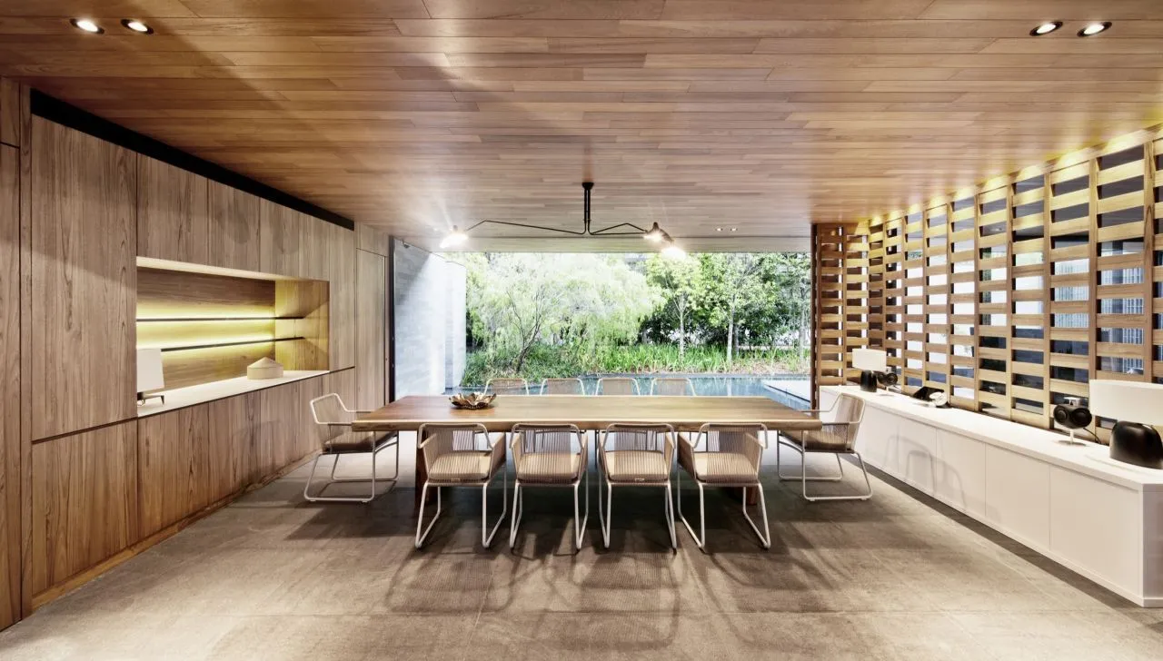 The slightly smaller upper floor has just one bedroom, but also features a study, gym, and water feature Photo: Bryan van der Beek and Edward Hendricks)