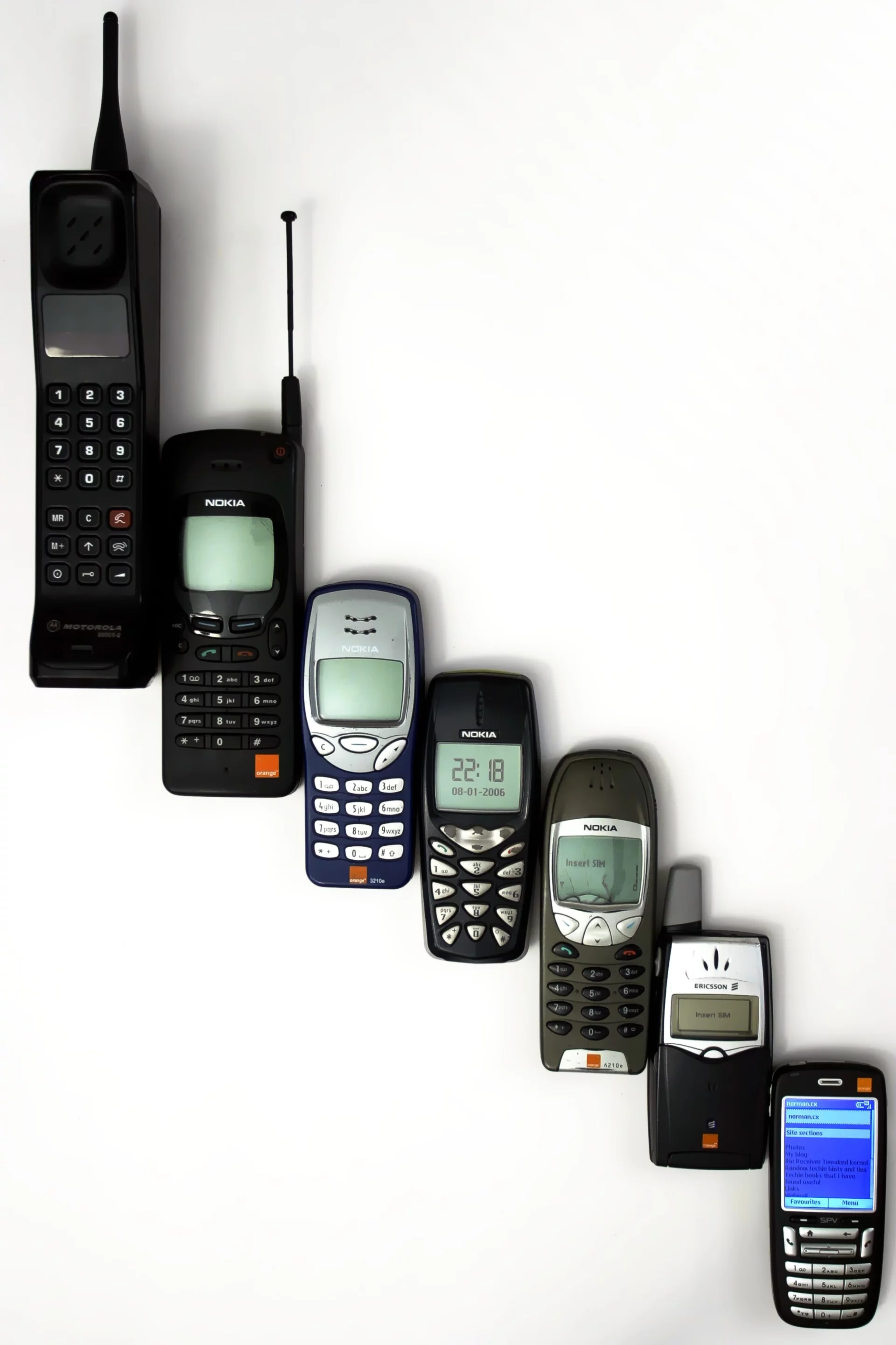 Mobile phone evolution, from left to right: Motorola 8900X-2, Nokia 2146 orange 5.1, Nokia 3210, Nokia 3510, Nokia 6210, Ericsson T39, HTC Typhoon