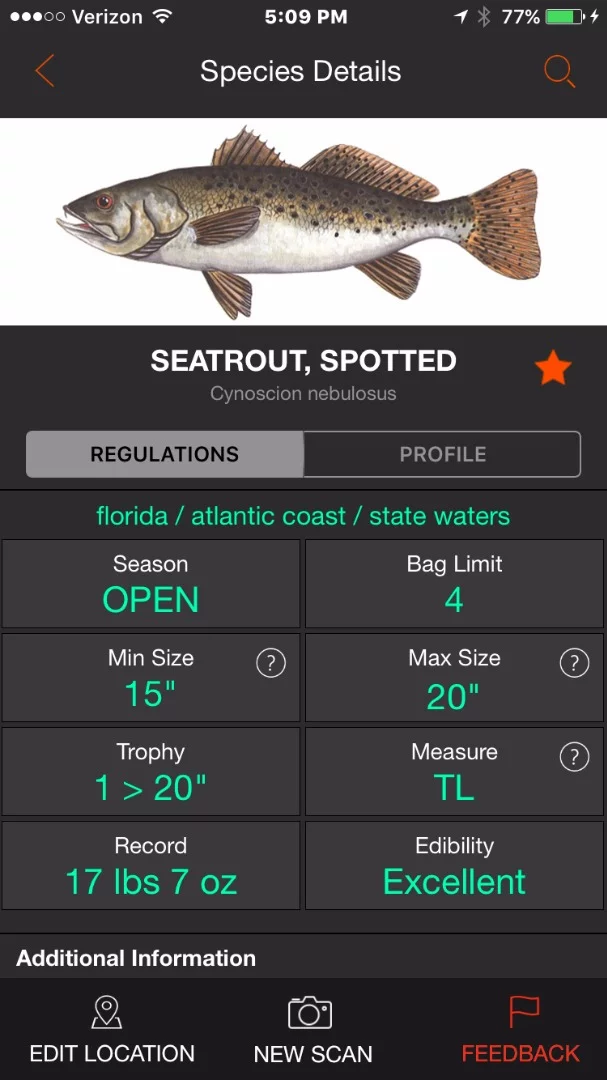 FishVerify refers to local information regarding a species' size and bag limits, state record and whether it's in season or not