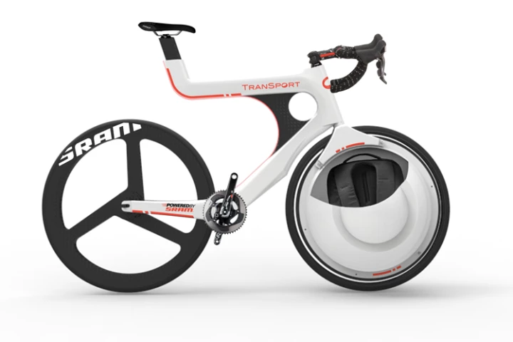 The Transport bike, with a storage "trunk" located in the hubless front wheel