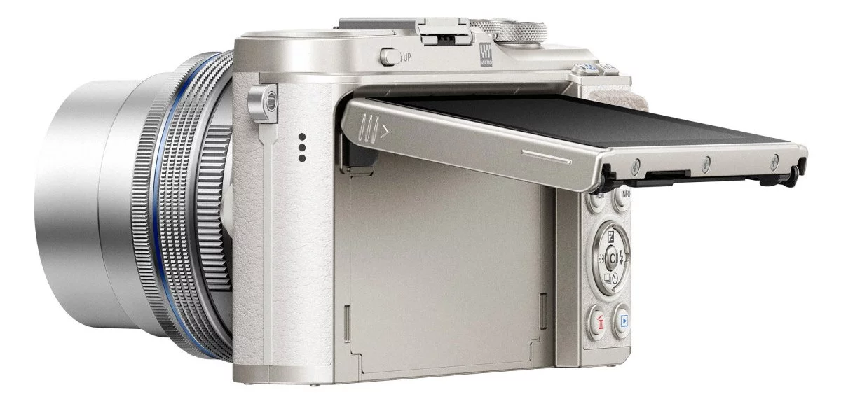 The PEN E-PL9's 3-inch touchscreen panel can be tilted up or down for photography flexibility
