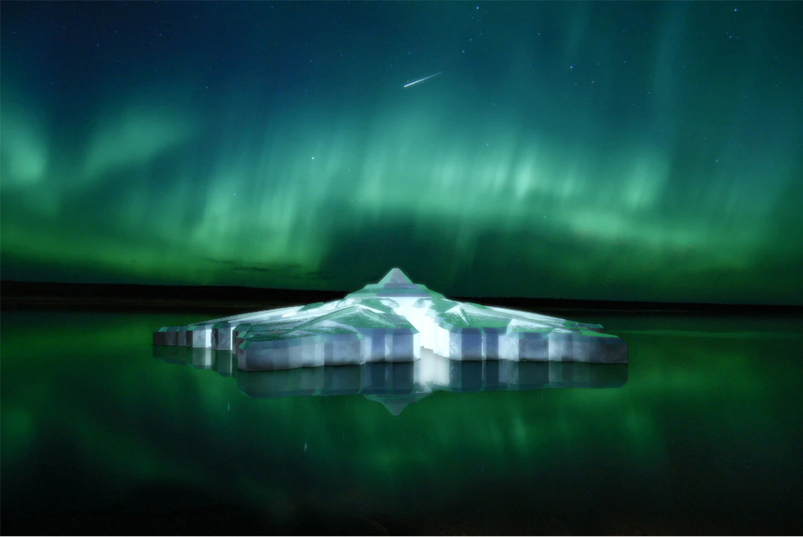 The Krystall Hotel is a concept design for a hotel on a lake in Tromso, Norway. The entirely glass, floating structure is positioned so people can lie in their hotel rooms and watch the Northern Lights through the glass ceiling
