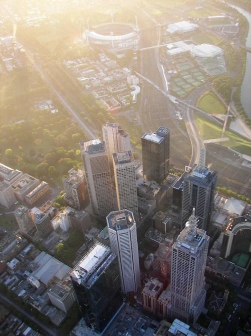 Nestling beneath the CBD are the main sporting facilities of the MCG, Olympic Park, Tennis Centre, and the transportation hubs for train and freeway connections.