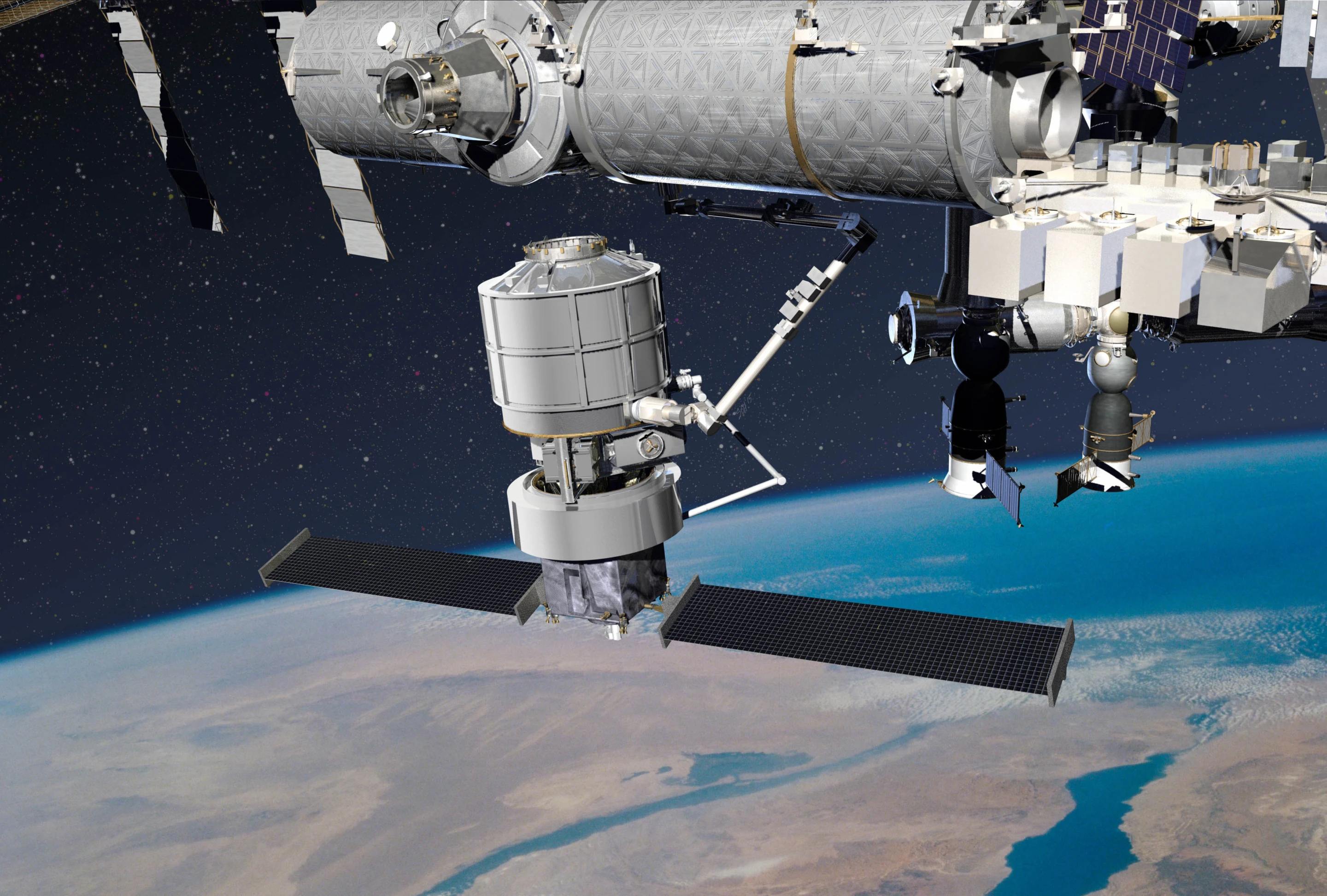 Artist's concept of Jupiter/Exoliner docking with the ISS