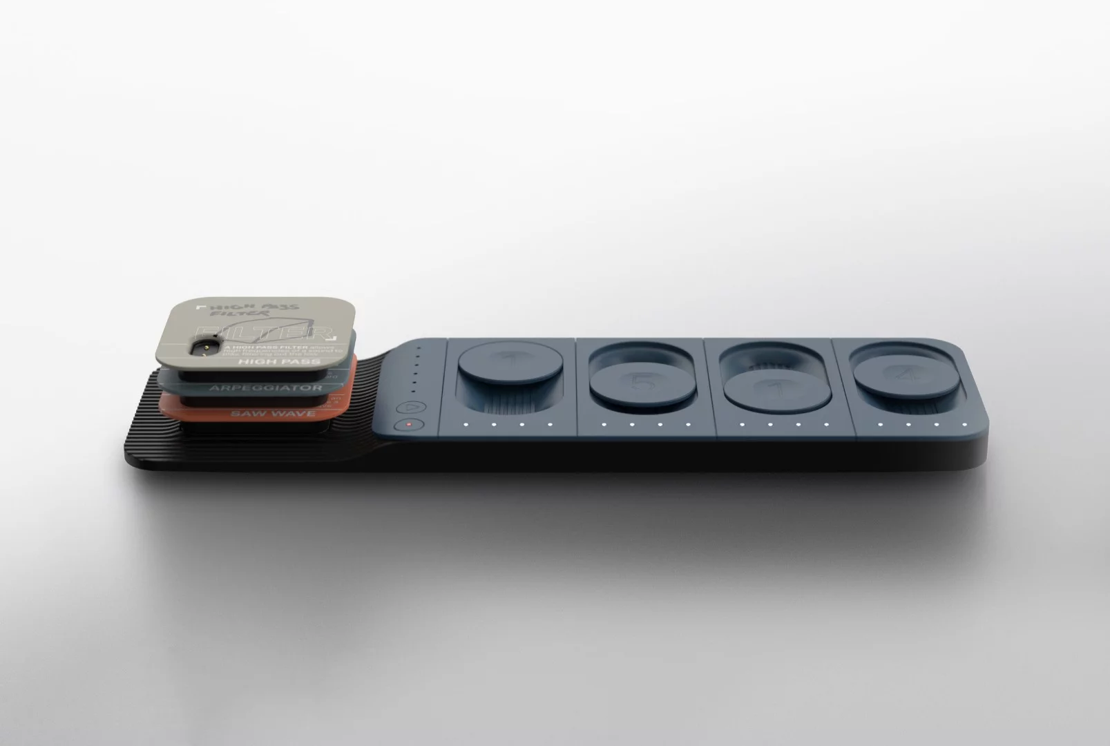 Sound components such as an oscillator, effects and filters can be connected together in a stack to the left of the Tone Lab