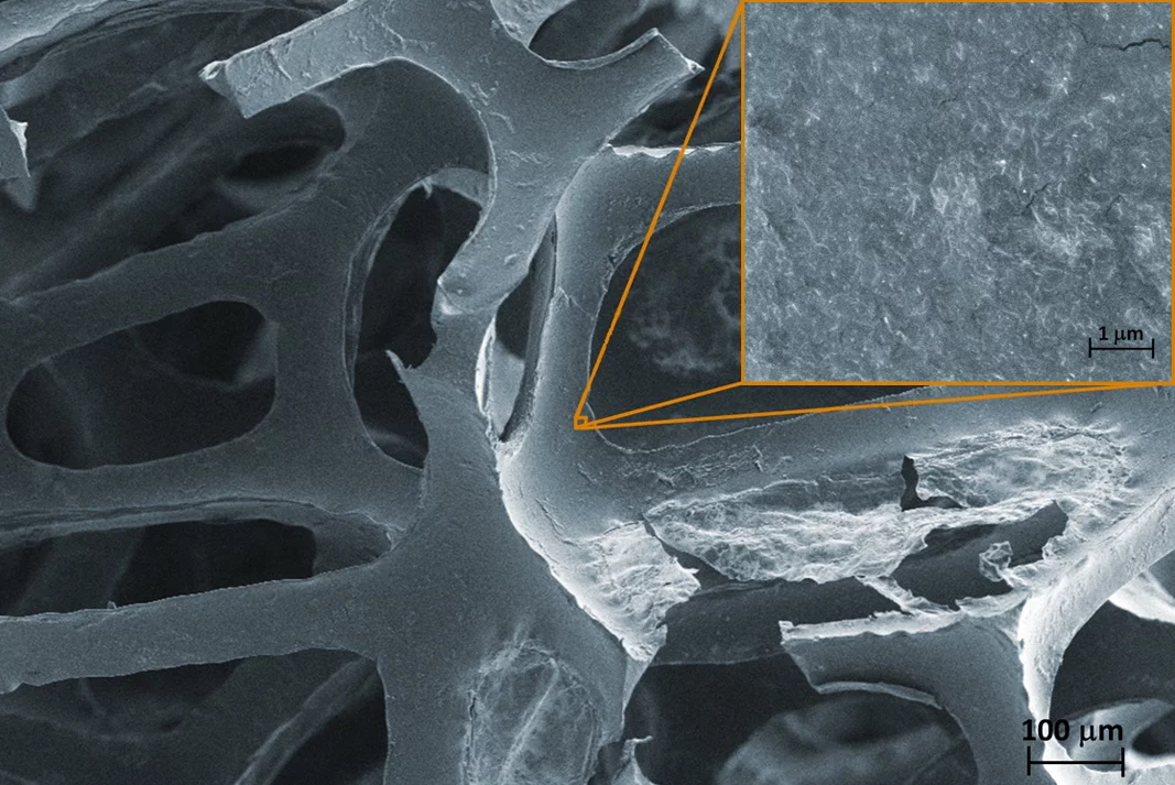 The carbon nanotube coating (inset), applied to polyurethane foam (Image: Kim/NIST)