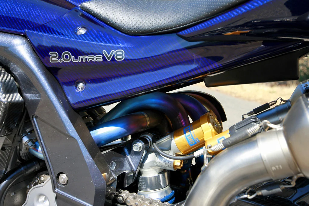 The PGM V8 motorcycle sports Ohlins suspension at either end
