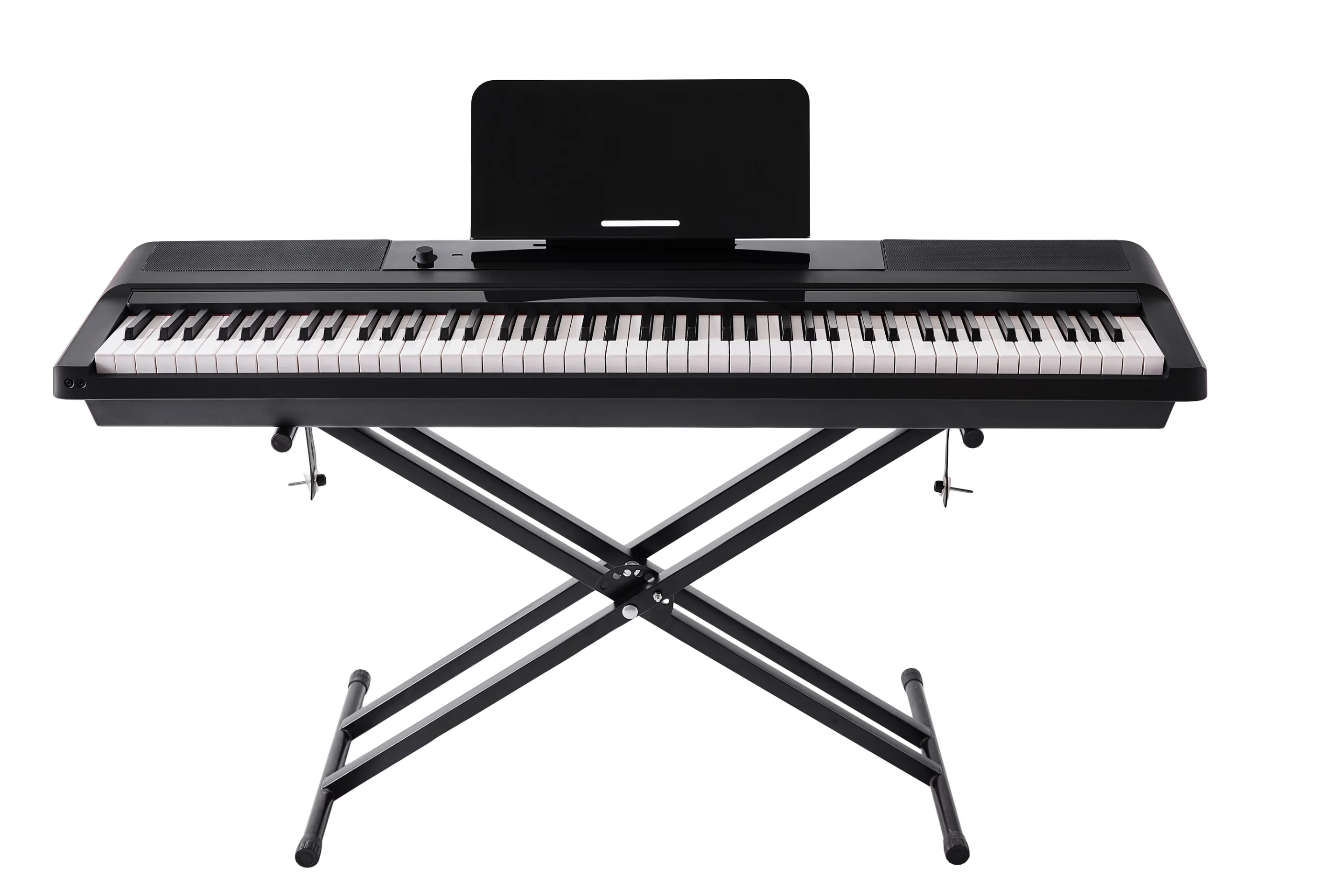 The One Keyboard Pro Essential smart learning piano features 88 hammer-weighted keys, built-in speakers and 128 note polyphony