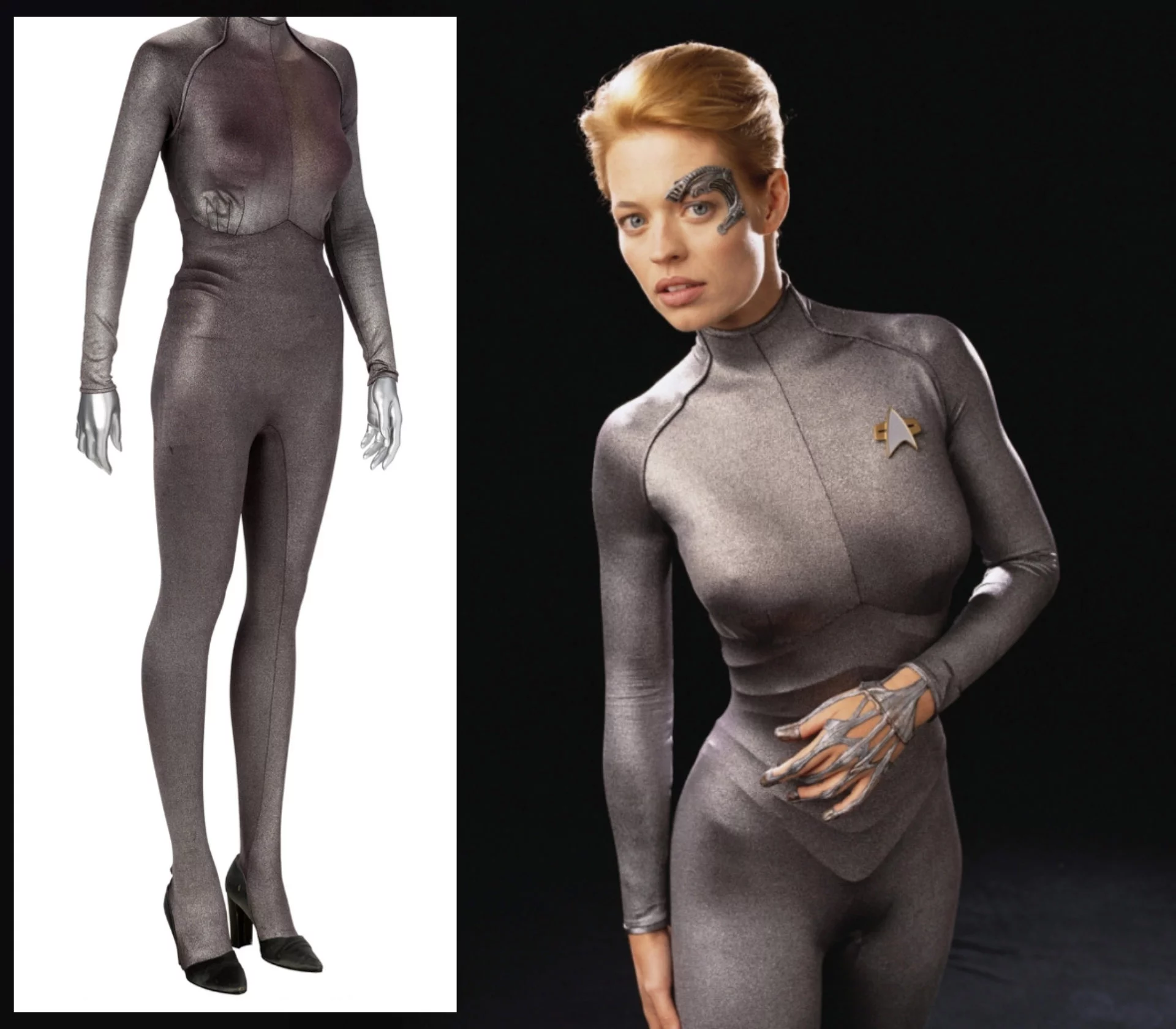 Seven of Nine’s (Jeri Ryan) pewter-colored spandex jumpsuit Starfleet Ensemble from "Star Trek: Voyager" (Paramount TV, 1995-2001) sold for $55,000.