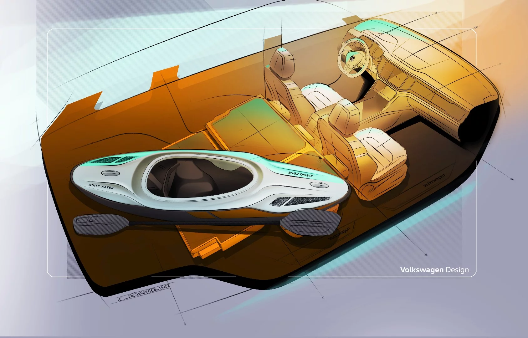 To show cargo options in the VW Atlas, this rendering shows a paddle board across folded seating