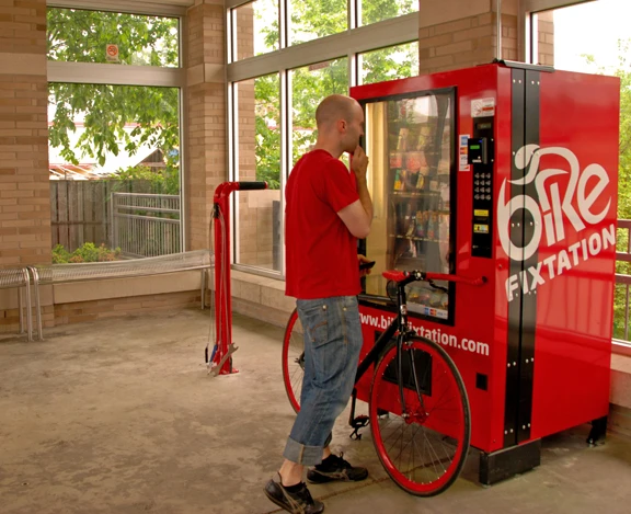 The Bike Fixtation kiosk stocks such items as bike tubes, tire patch kits, lights, water bottles and tools
