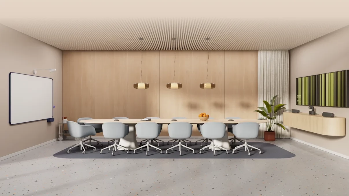 During a hybrid meeting, the Rally AI Camera Pro's dual-camera system and AI framing keeps speakers and groups clearly visible