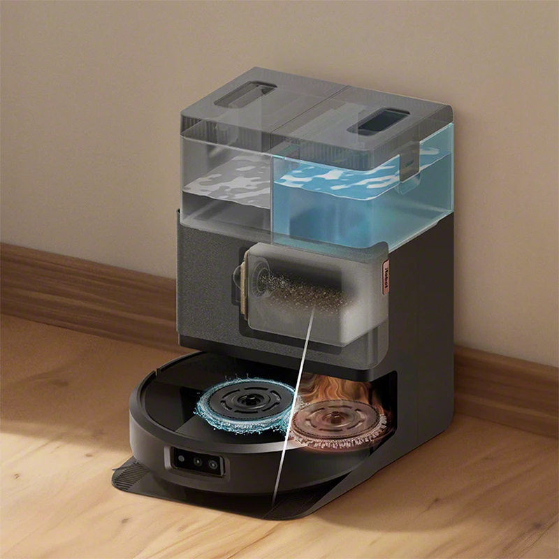 Charging dock washes and dries the mop pads, empties the dust canister into a bag, and handles clean and dirty mop water