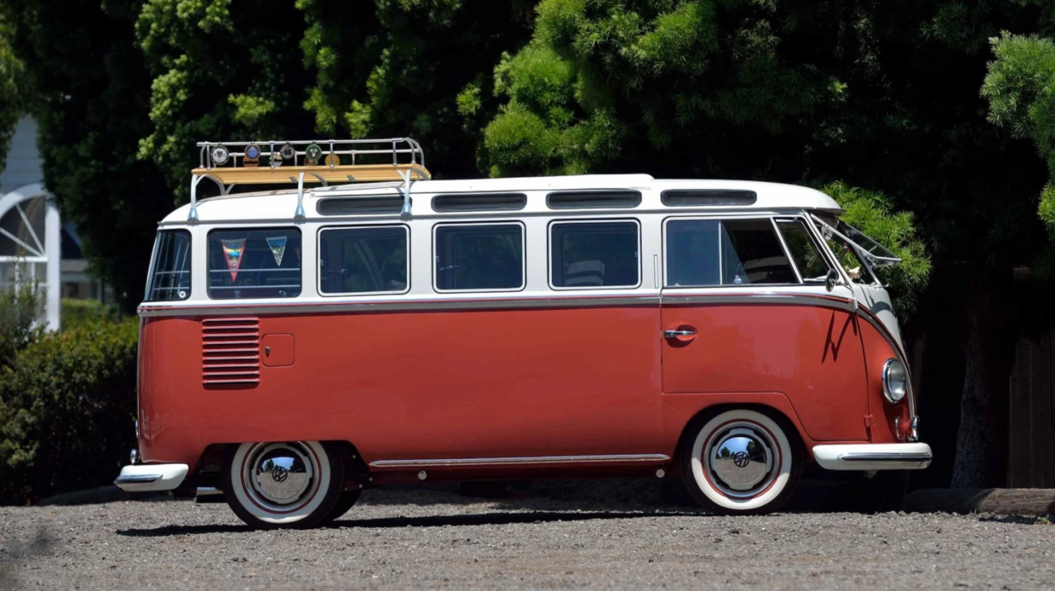This 1959 23-window Volkswagen Samba looks close to stock from the outside, but is far from it on the inside, with a 2,387cc engine producing 160 hp and four wheel disk brakes. Auction Description
