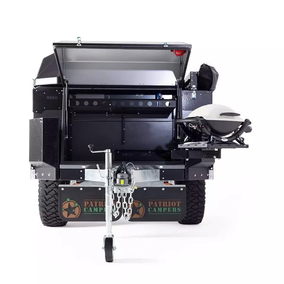 The front "man cave" box is where you can store the available Weber Q on a swing-out