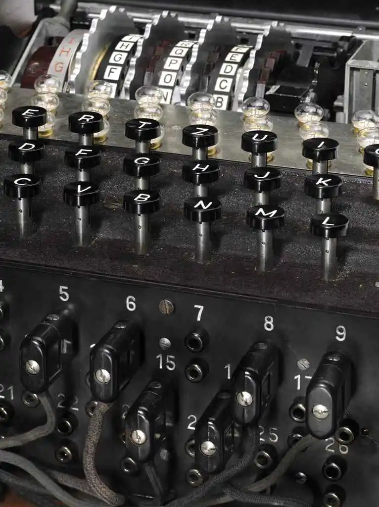 The M4 Enigma showing the rotors, keyboard, and plug board