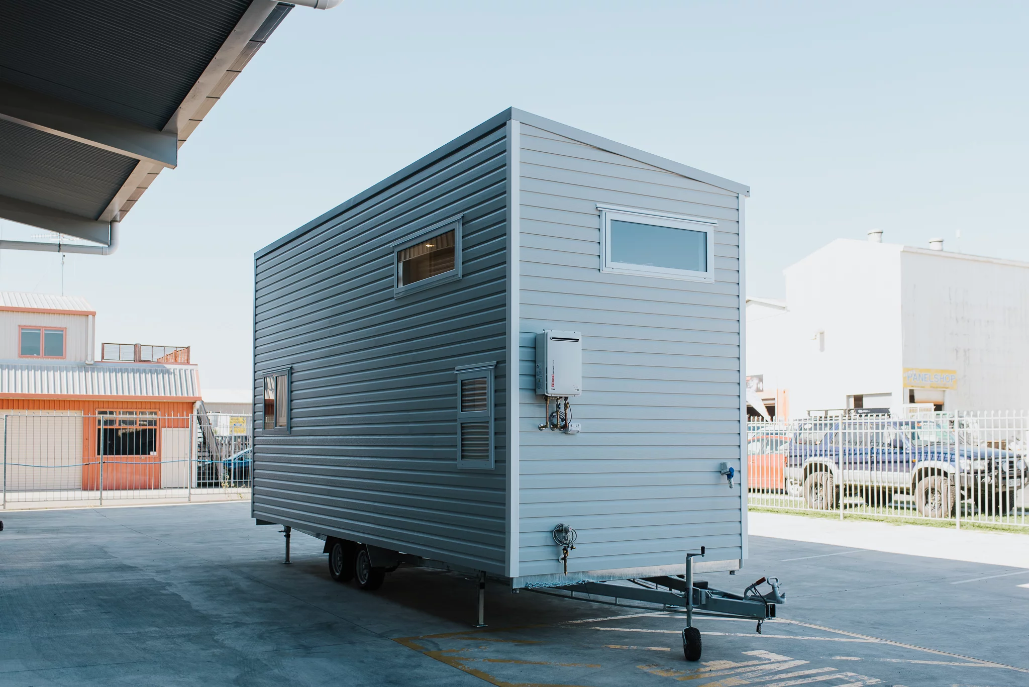 The Purple Palace consists of a steel frame and its exterior is finished in vinyl