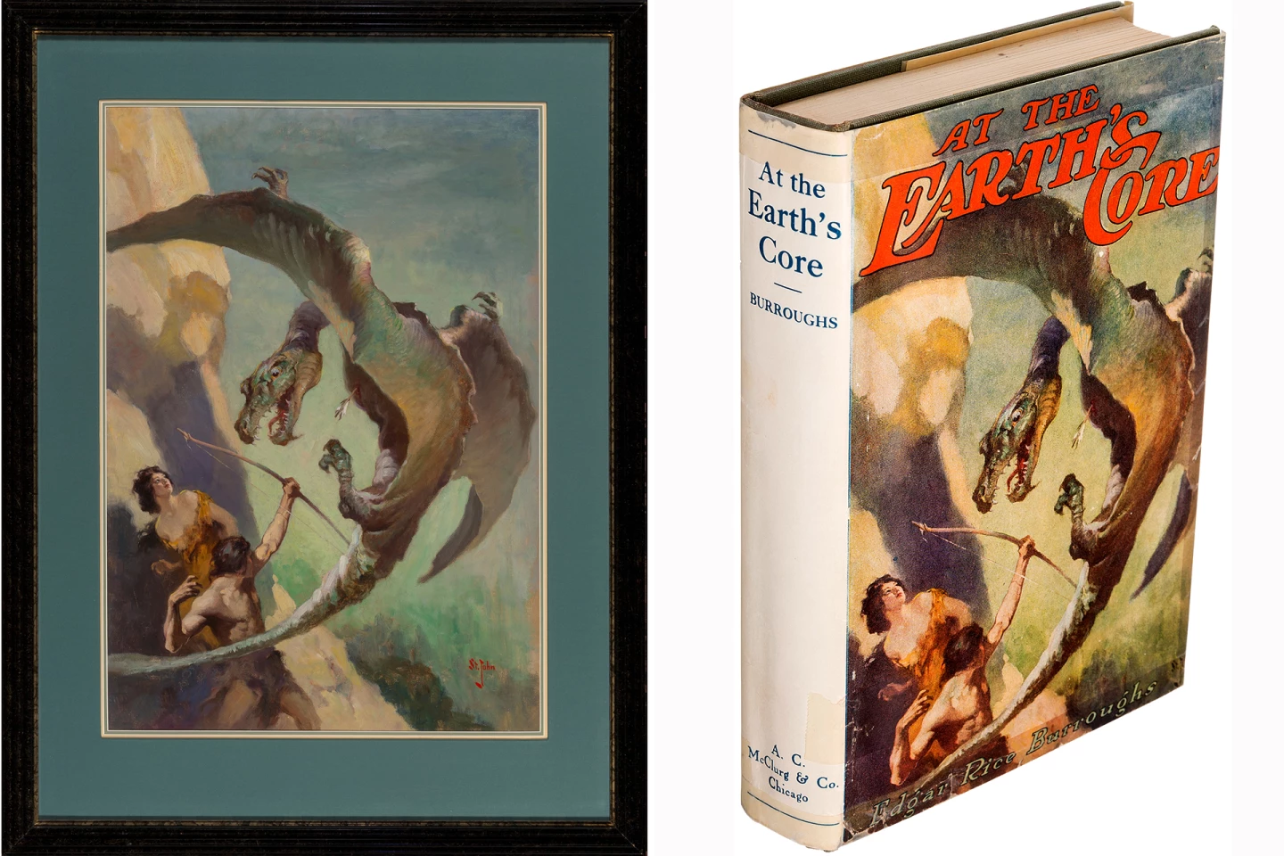 This illustration by James Allen St. John was created for the book dust jacket of "At the Earth's Core" (1922). The painting is oil on board and measures 83.8 x 59.1 cm. It sold for $150,000 at Heritage Auctions on 4 October 2021