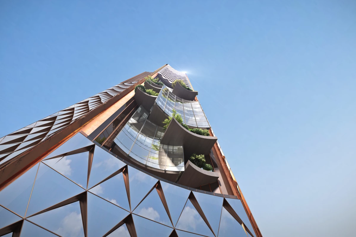 The Nanjing Nexus' unusual form is designed to reduce wind loads and optimize the building's solar performance