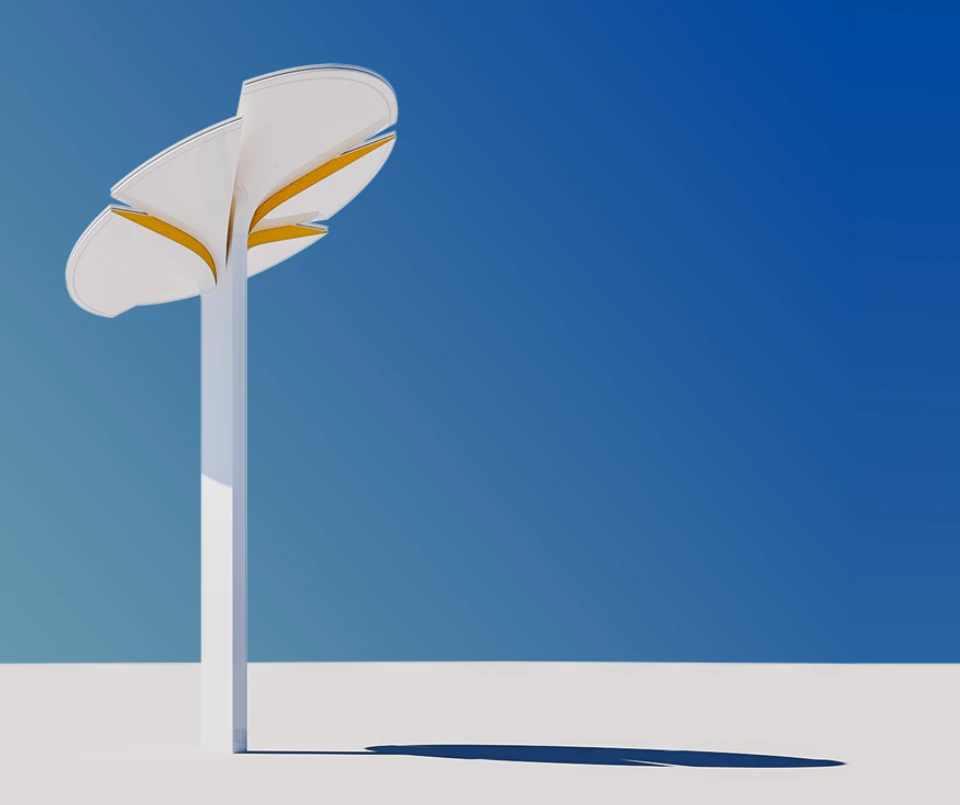 The Totem has a long pole that fans out into a tilted, circular set of petals at the top