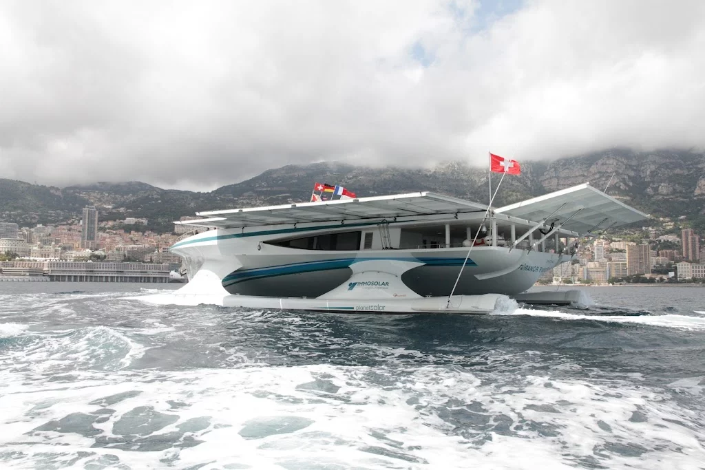 The TURANOR PlanetSolar, as it enters Monaco's Hercule Harbor