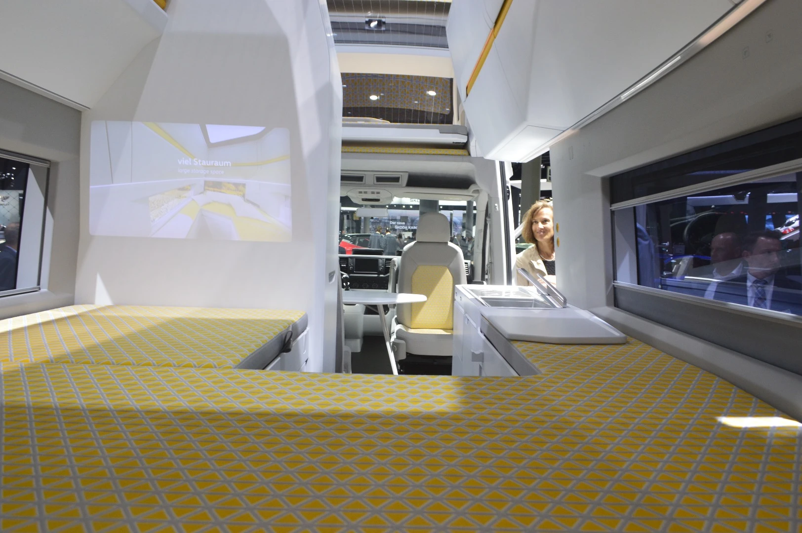 A look at the VW California XXL's rear bed and projector wall