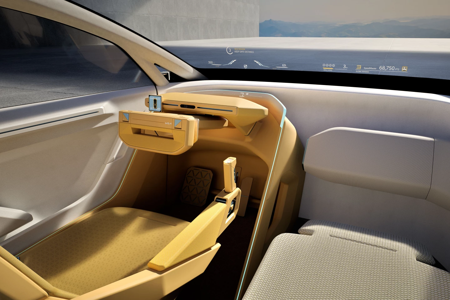 At the center of the Vision Meta Turismo's interior is the yoke-style steering wheel, which, according to Kia, "reimagines the next-generation intuitive driving interface"