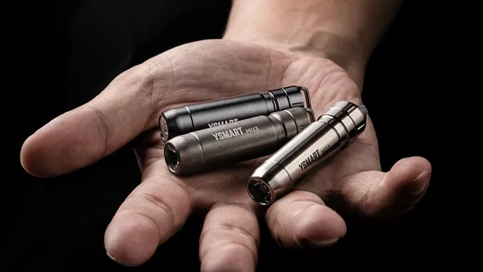The YSMART MQ3, pictured here in matte black aluminum, stonewashed titanium and polished titanium (top to bottom)