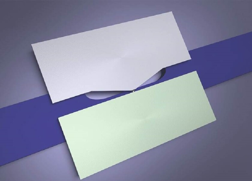 Minuscule pads of silver (light grey) and platinum (mint) in place on an optical waveguide (blue)
