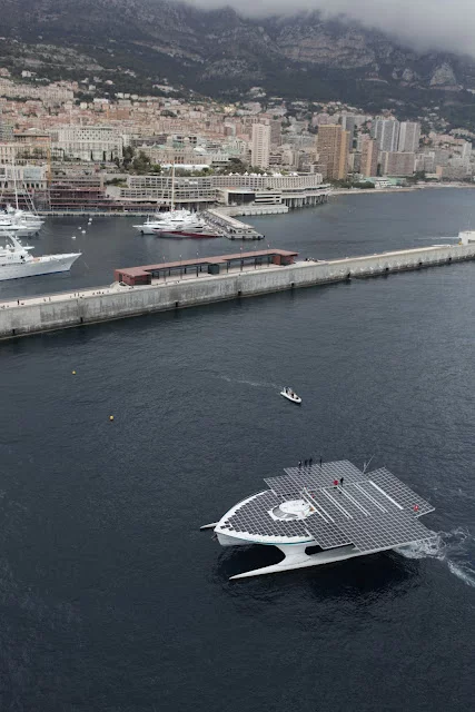 The TURANOR PlanetSolar, as it enters Monaco's Hercule Harbor