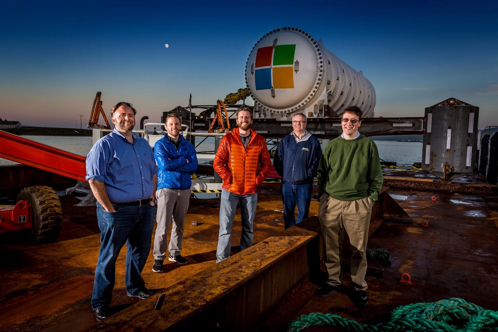 The Project Natick team gather on a barge just before the data center is deployed
